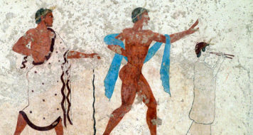 Detalhe do afresco feito no túmulo do Diver onde foram retratadas cenas da homossexualidade grega no século V. Acervo do Museu Arqueológico de Paestum, Itália (Reprodução)