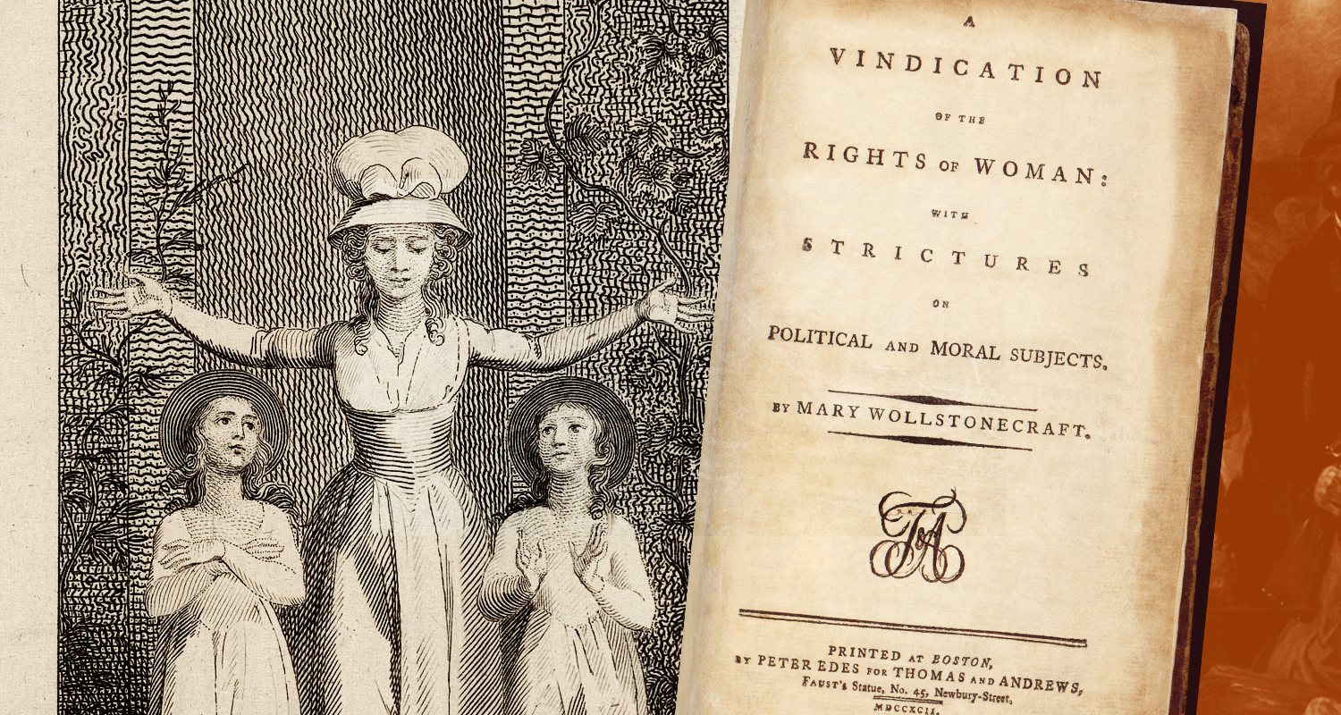 Frontespício gravado por William Blake e página inicial da edição de ‘Uma reivindicação pelos direitos da mulher’, 1791 (Reprodução)