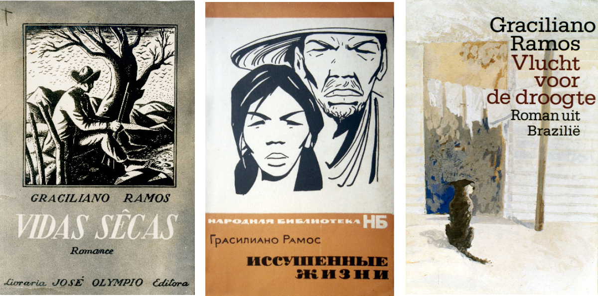 Da esquerda para a direita: capa da primeira edição de Vidas secas (José Olympio) seguida de suas traduções em russo e holandês (Fundo Graciliano Ramos do Arquivo IEB/USP / GR-F04-048 ; GR-F04-014 ; GR-F04-040)
